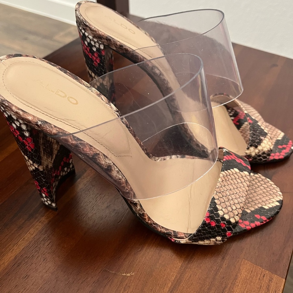 Aldo Snakeskin and Clear Strap Heels
